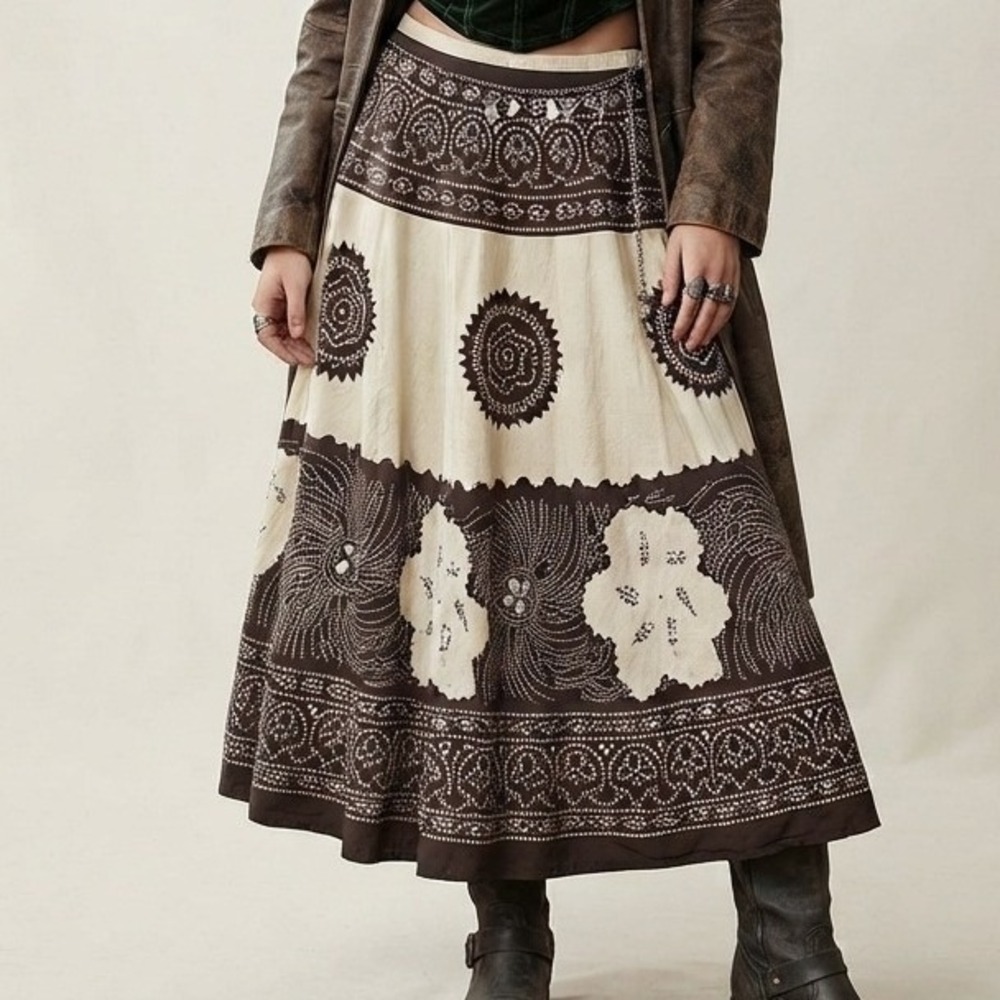 vtg beaded midi Skirt Cotton Boho Sequined Brown XL whimsigoth fairy grunge